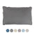 A rectangular gray Pillowtex Dream in Color pillow, featuring a soft and smooth texture, is positioned prominently at the center of the image. Beneath it are six small circles showcasing this Pillowtex hypoallergenic down-alternative pillow in various colors: dark blue, gray, cream, pink, light blue, and beige from left to right.