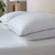 Two Carpenter Indulgence® Synthetic Down Pillows with subtle pinstripes rest on a neatly made white bed, offering medium support ideal for stomach and back sleepers. A lamp is on the nightstand, with a green plant visible to the left.