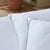 A close-up of two Carpenter Indulgence® Synthetic Down Pillows with subtle stripes and gray-trimmed edges, stacked on a neatly made bed; ideal for stomach and back sleepers. A pink plant pot and green leaves blur in the background.